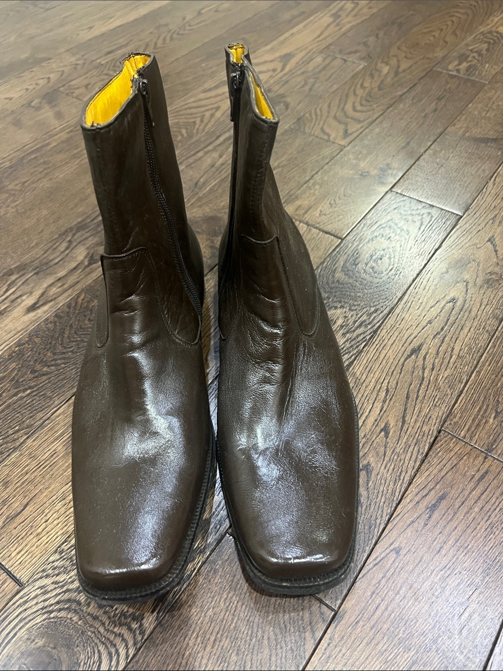 Men's Dark Brown Leather Zip Ankle Boots with Yellow Lining